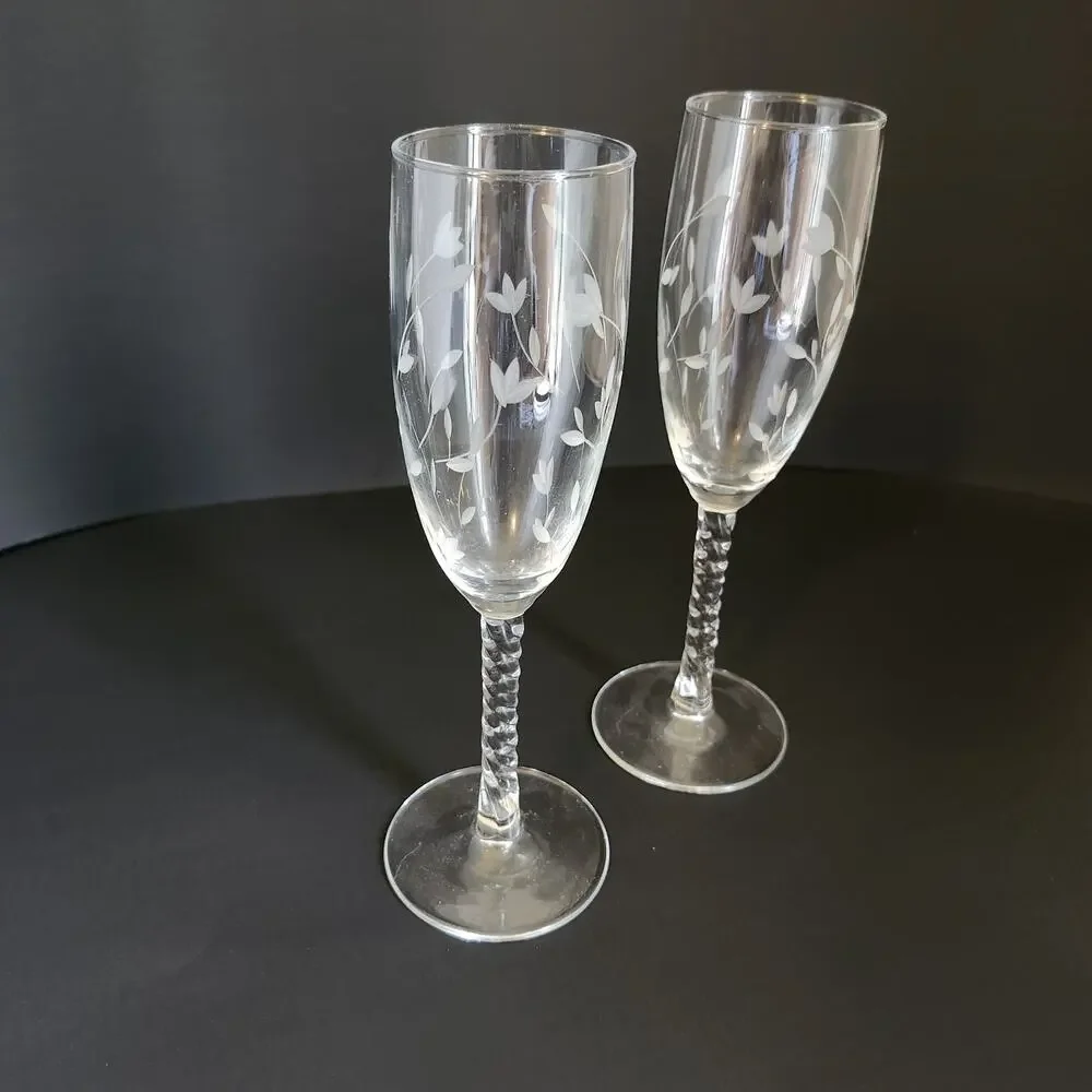 Vtg Lillian Rose Crystal Twisted Stem Glasses Champagne Floral 6oz Hand Blown